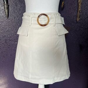 Women White Elegant Cream Skirt with Belt Detail Faux Pockets
